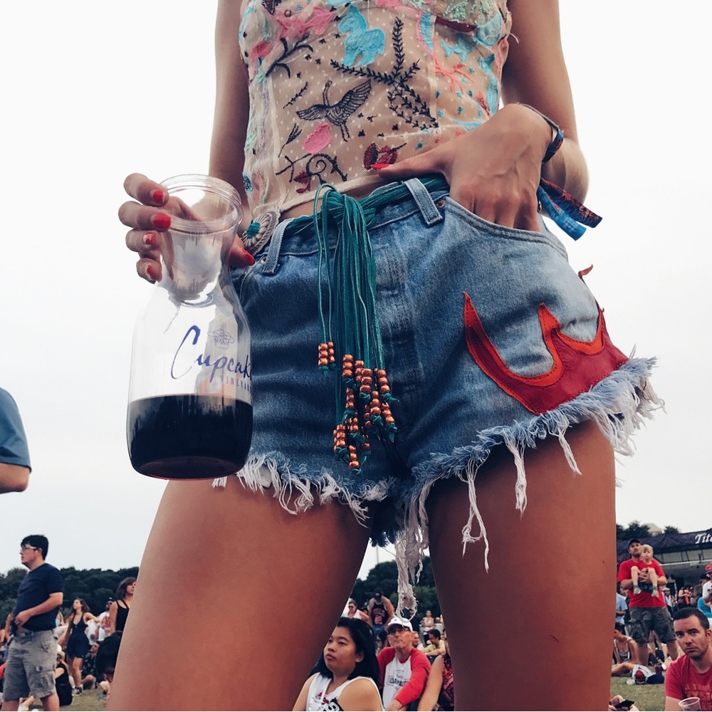 Vintage Re-worked Denim Cutoff Shorts with Stitched Flames
